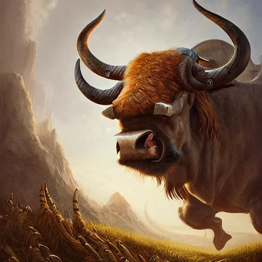 Image similar to digital painting of an ox as a viking by filipe pagliuso and justin gerard, symmetric, fantasy, highly, detailed, realistic, intricate