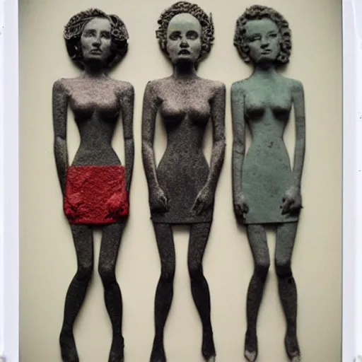 Prompt: Polaroid fragmented sculpture of three idealized female in different directions