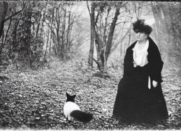Prompt: sinister black and white old photography of a angry woman with a cat in the woods. daguerreotype photo