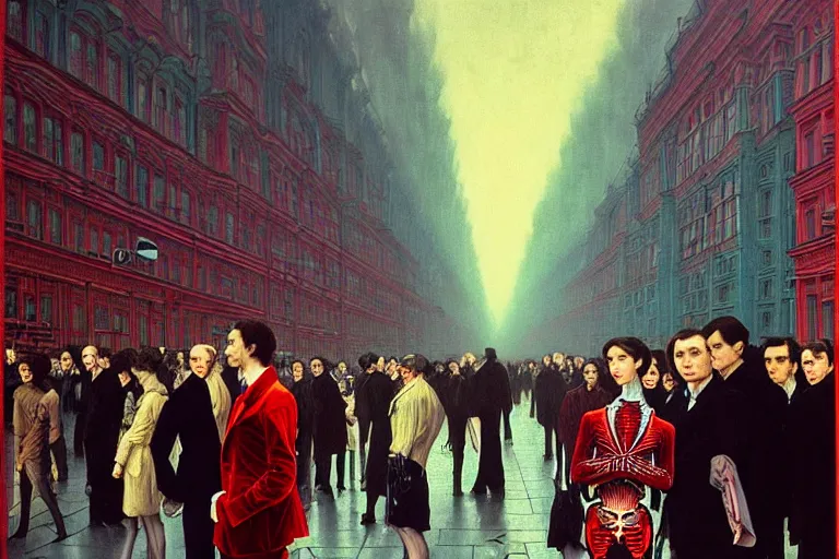 Image similar to realistic detailed photorealistic film portrait shot of a single skeleton wearing crimson velvet blazer in a crowded futuristic moscow street by Denis Villeneuve, Amano, Yves Tanguy, Alphonse Mucha, Ernst Haeckel, Andrei Tarkovsky, Edward Robert Hughes, Roger Dean, rich moody colours, wide angle, blue eyes