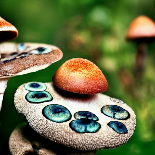 Image similar to macro photo with a singular mushroom character with cute eyes and mycelium, very close to real nature, natural colors and natural surroundings, painted patterns and coloring on mushrooms, 8K, highly detailed, cartoon