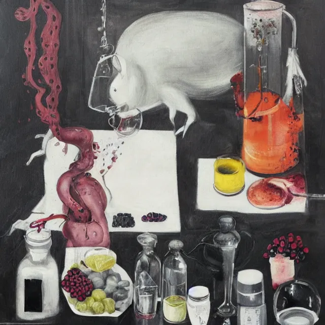 Prompt: black hotel room with black walls and a futon, berry juice, dripping, a sensual portrait of a female sommelier holding a piglet, octopus, intravenous drip, wilted flowers, pomegranate, pancakes, berries, surgical supplies, scientific glassware, candles, neo - expressionism, surrealism, acrylic and spray paint and oilstick on canvas