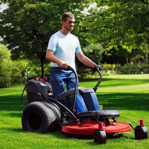 Image similar to a stock photo of a man mowing his lawn, 4 k, detailed face