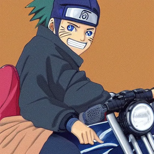 Image similar to Photorealistic photograph of Naruto smiling while driving a moped during a rainy night, 35mm photograph, realistic, heavy detail