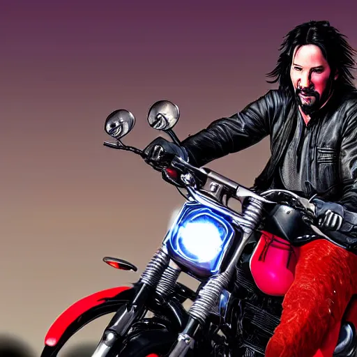 Image similar to Keanu reeves Riding a motorcycle through hell digital art 4K detail