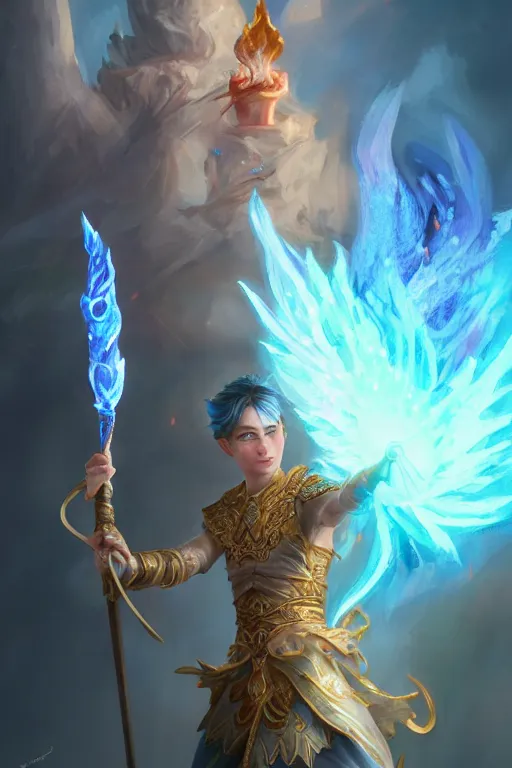 Image similar to legendary fairy prince hold flame staff, blue energy, highly detailed, d & d, fantasy, highly detailed, digital painting, trending on artstation, concept art, sharp focus, illustration, global illumination, ray tracing, realistic shaded, art by artgerm and greg rutkowski and fuji choko and viktoria gavrilenko and hoang lap