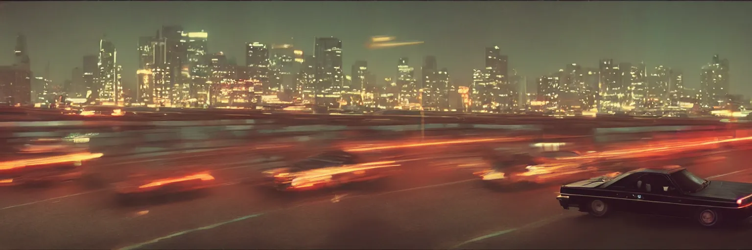 Image similar to 8 0 s neon movie still, high speed car chase by the river with city in background, slow shutter speed, medium format color photography, movie directed by kar wai wong, hyperrealistic, photorealistic, high definition, highly detailed, tehnicolor, anamorphic lens