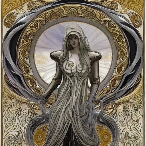 Image similar to angelarium, cthulhu, illithid, art nouveau, white marble and gold, alphonso mucha