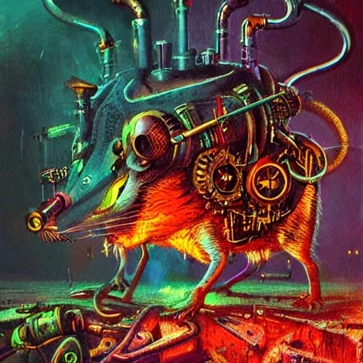 Image similar to steampunk rat, acid, 303, psychedelic, by paul lehr