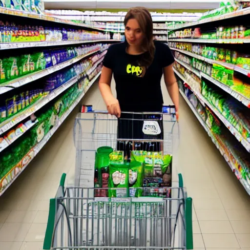 Image similar to alyx doing groceries at the supermarket, picking up a can beans