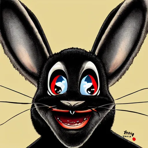 Image similar to A extremely highly detailed majestic hi-res beautiful, highly detailed head and shoulders portrait of a scary terrifying, horrifying, creepy crazy black cartoon rabbit with scary big eyes, earing a shirt laughing maniacally , let's be friends, in the style of Walt Disney