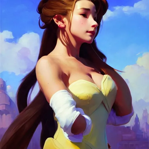 Prompt: Greg Manchess portrait painting o Aerith Gainsborough as Overwatch character, medium shot, asymmetrical, profile picture, Organic Painting, sunny day, Matte Painting, bold shapes, hard edges, street art, trending on artstation, by Huang Guangjian and Gil Elvgren and Sachin Teng