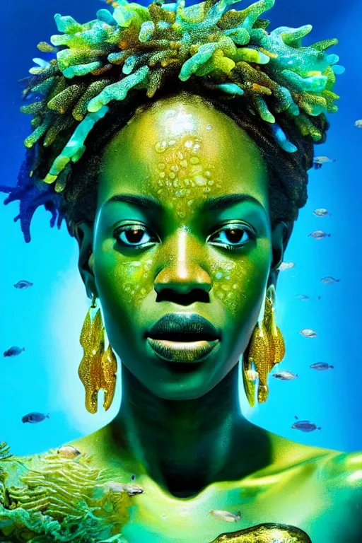 Image similar to hyperrealistic cinematic wide shot of very expressive! translucent!! african goddess, underwater scene with fish and algae, gold jewerly, highly detailed face, digital art masterpiece, eric zener cam de leon, dramatic pearlescent turquoise light on one side, low angle uhd 8 k, shallow depth of field