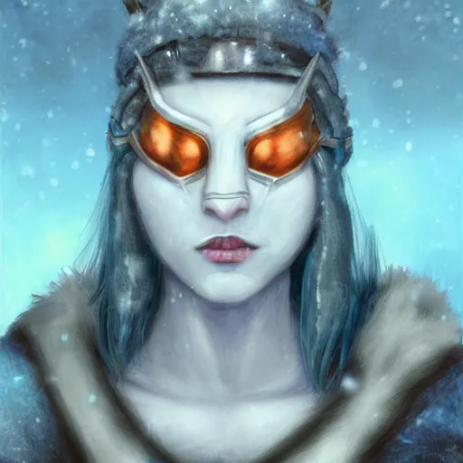 Image similar to art, bandit from ‘ icewind dale ’ with a frost blue gem mask lined with copper, ‘ icewind dale 2 ’ profile portrait by ‘ justin sweet ’, falling snow, soft focus, illustration, oil paint, trending artstation