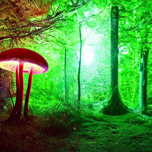 Prompt: overgrown forest, phosphorescent mushroom glowing in the dark, bright colors, sylvan aesthetic