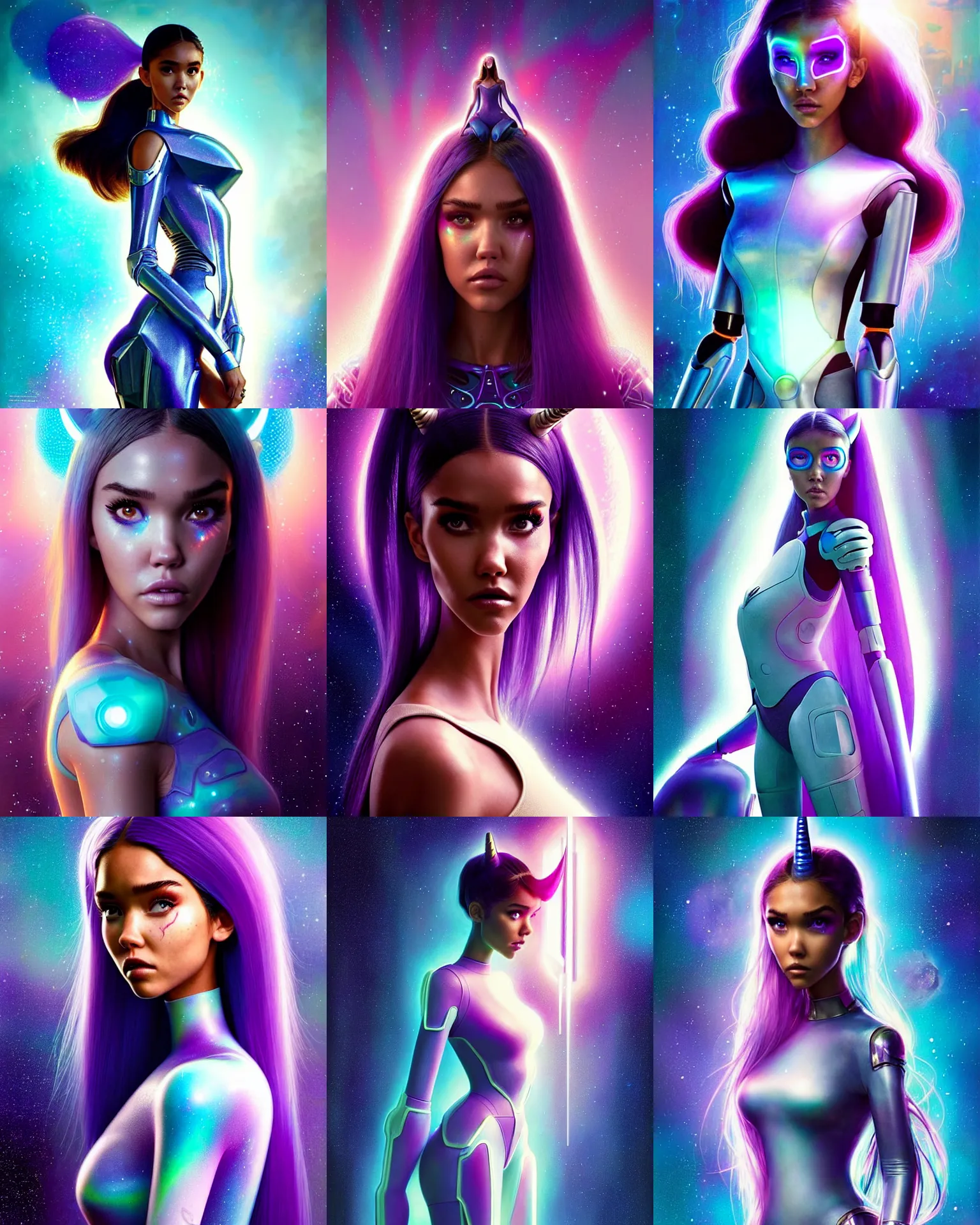 Prompt: pixar sci - fi movie still portrait photo of madison beer, jessica alba : : as hero unicorn woman space cyborg by pixar : : by greg rutkowski, wlop, rossdraws, artgerm, weta, marvel, raver, elaborate patterned makeup, unreal engine, wet skin, pearlescent, wet, bright morning, anime girl, vogue magazine cover, : :