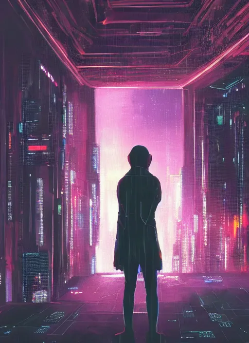 Prompt: lonely cyber person made of cosmic galaxy energy watching a vast rainy colorful complex cyberpunk futuristic city from behind at night through a window in a room, 8 k, photorealistic, concept art, wet, highly detailed, cinematic mood by ridley scott, ghost in the shell, akira, digital painting, trending on artstation, glowing lights, sharp focus, epic composition