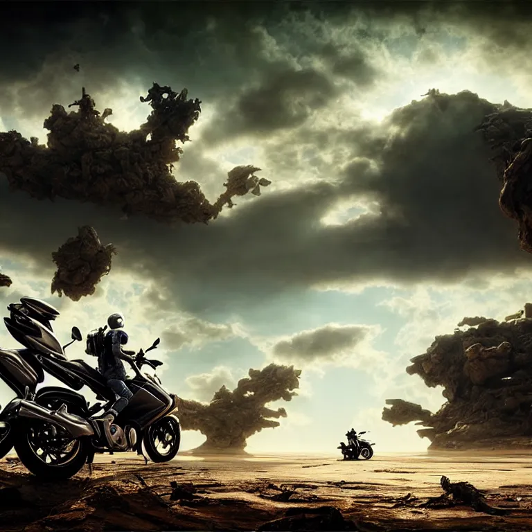 Prompt: landscape ad for yamaha aerox 2 0 0 4 motorbike in dirty wastelands on exoplanet, baroque painting, dramatic sky, beautiful intricate insanely detailed octane render, artstation, 8 k artistic photography, photorealistic, volumetric perfect light, chiaroscuro, raphael, caravaggio, beksinski, rutkowski, giger