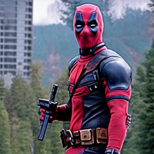 Image similar to film still, Bob Ross in deadpool suit