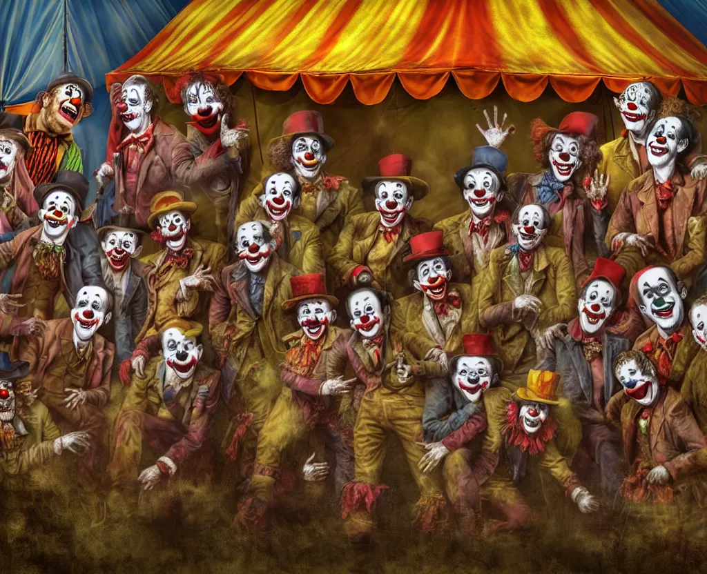 Image similar to dirty - looking clowns with unseemly intentions lining up at the entrance to a suspicious circus tent, disturbing digital painting, high detail