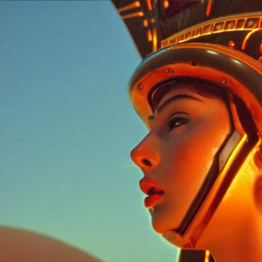 Prompt: beautiful Fine art photo of a young aroused godess wearing a cyberpunk mayan helmet, photorealistic, high quality, sunset lighting, in the movie 2001 A SpaceOdyssey, 8k