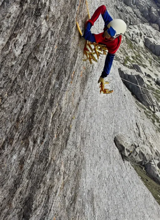 Image similar to telelens shot of a mountain climber free soloing a very steep mountain made up entirely out of french fries, sports photo,