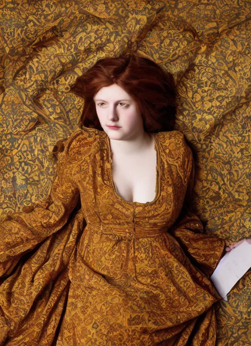 Image similar to preraphaelite photography reclining on bed, big brown fringe, yellow ochre ornate medieval dress, william morris, 4 k