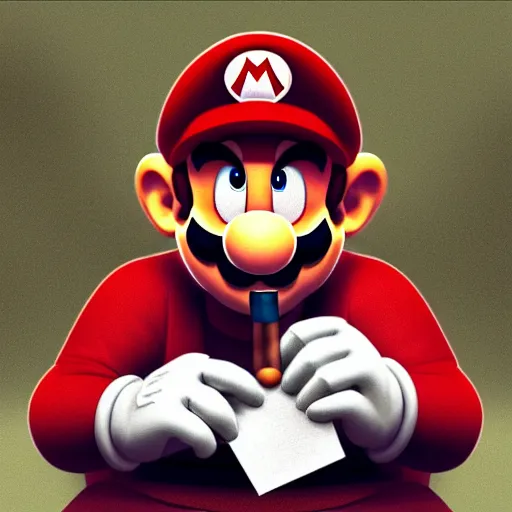 Image similar to super mario as a mafia boss smoking a cigar whilst playing poker, dark atmosphere, very detailed, cinematic lighting