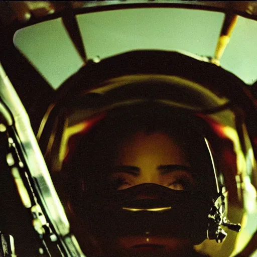 Prompt: film still, extreme far view, emma watson, in fighter jet cockpit, apocalypse now, associated press, 2 6 mm, kodak ektachrome, blue tint expired film,