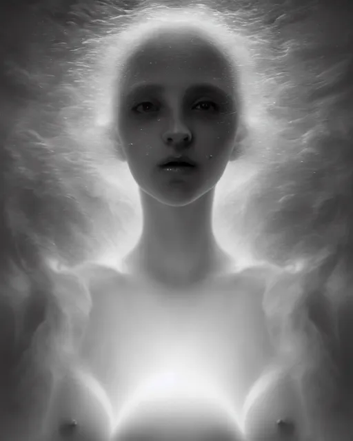 Image similar to monochrome, dreamy, subsurface scattering, white, young beautiful goddess in cosmos with very long white hair floating in air, fluid smoke art, black and white, octane render, dino valls, mark ryden, joe fenton, michal karcz, highly detailed, rim light, art, cinematic lighting, very coherent, hyper realism, 8 k