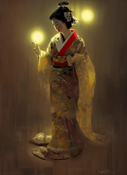 Image similar to female geisha girl, beautiful face, neon, rule of thirds, intricate outfit, spotlight, by greg rutkowski, by jeremy mann, digital painting