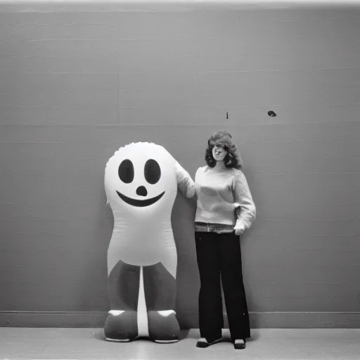 Image similar to 1978 teenage girl holds hands with smiley inflatable boyfriend at high school, color John Waters film, in school hallway, dirty walls, archival footage, technicolor film, 16mm, live action, Fellini, campy