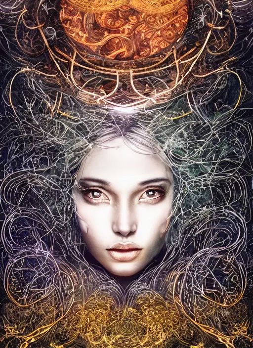 Image similar to glowing silver and golden elements, full close-up portrait, A beautiful dark witch in front of the full big moon, book cover, colorful gems, green forest, red white black colors, establishing shot, extremly high detail, foto realistic, cinematic lighting, pen and ink, intricate line drawings, by Yoshitaka Amano, Ruan Jia, Kentaro Miura, Artgerm, post processed, concept art, artstation, matte painting, style by eddie, raphael lacoste, alex ross