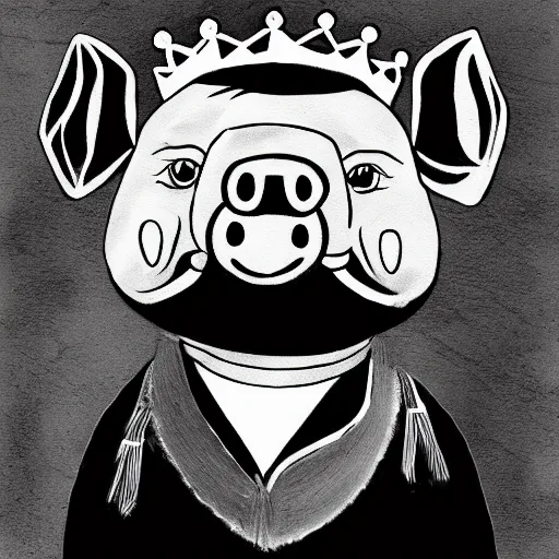 Prompt: pig wearing crown, anime style art, black and white, 30mm