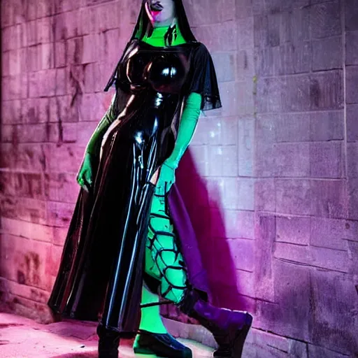 Prompt: CYBERPUNK big bust beautiful Claud Monet witch in latex dress