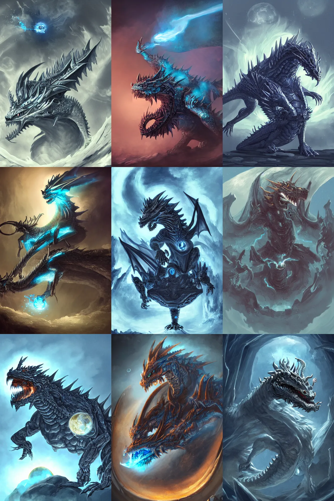 Prompt: snarling mechanical humanoid dragon with silver and blue color scheme standing in a smoking crater, glowing eyes, glowing mouth, highly detailed, full body single character, centered, moonlit night, good value control, high contrast, cinematic, illustration, concept art