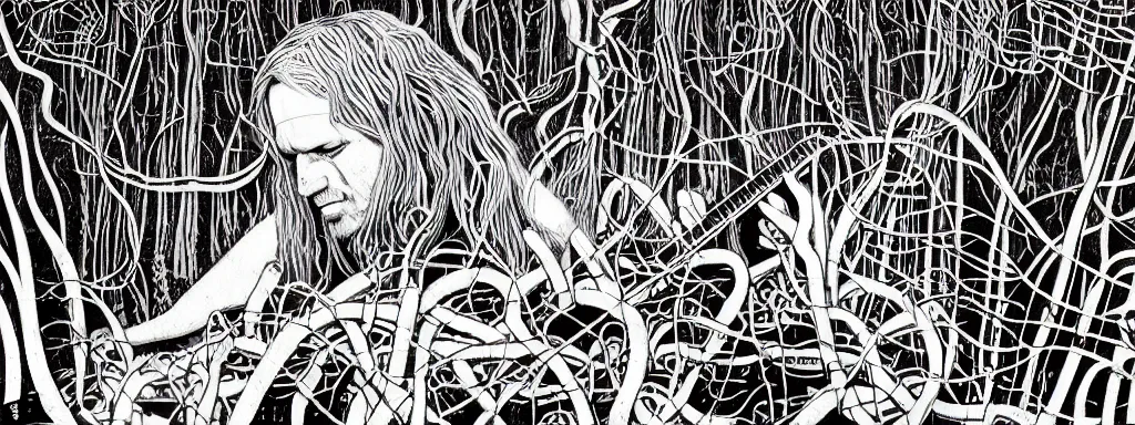 Image similar to a grunge technogaianist long-haired blonde digital musician playing modular synthesizer in the forest, technology and nature swirling in harmony, plugging vines into the synthesizer, trees swaying to the beat, postmodern surrealist concert poster, grainy poster art, hand drawn matte painting by Tara McPherson and Gary Houston, smooth, sharp focus, extremely detailed, 24mm.