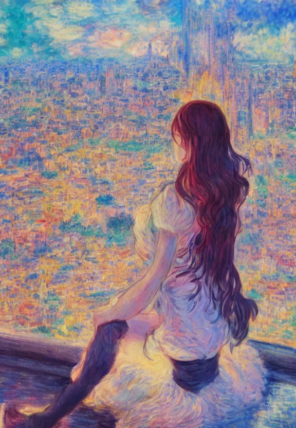 Image similar to wide angle portrait of a teenage girl, a thrifty outfit, very anime in impressionist style, city background, anime trending artwork, anime painter studio, by claude monet