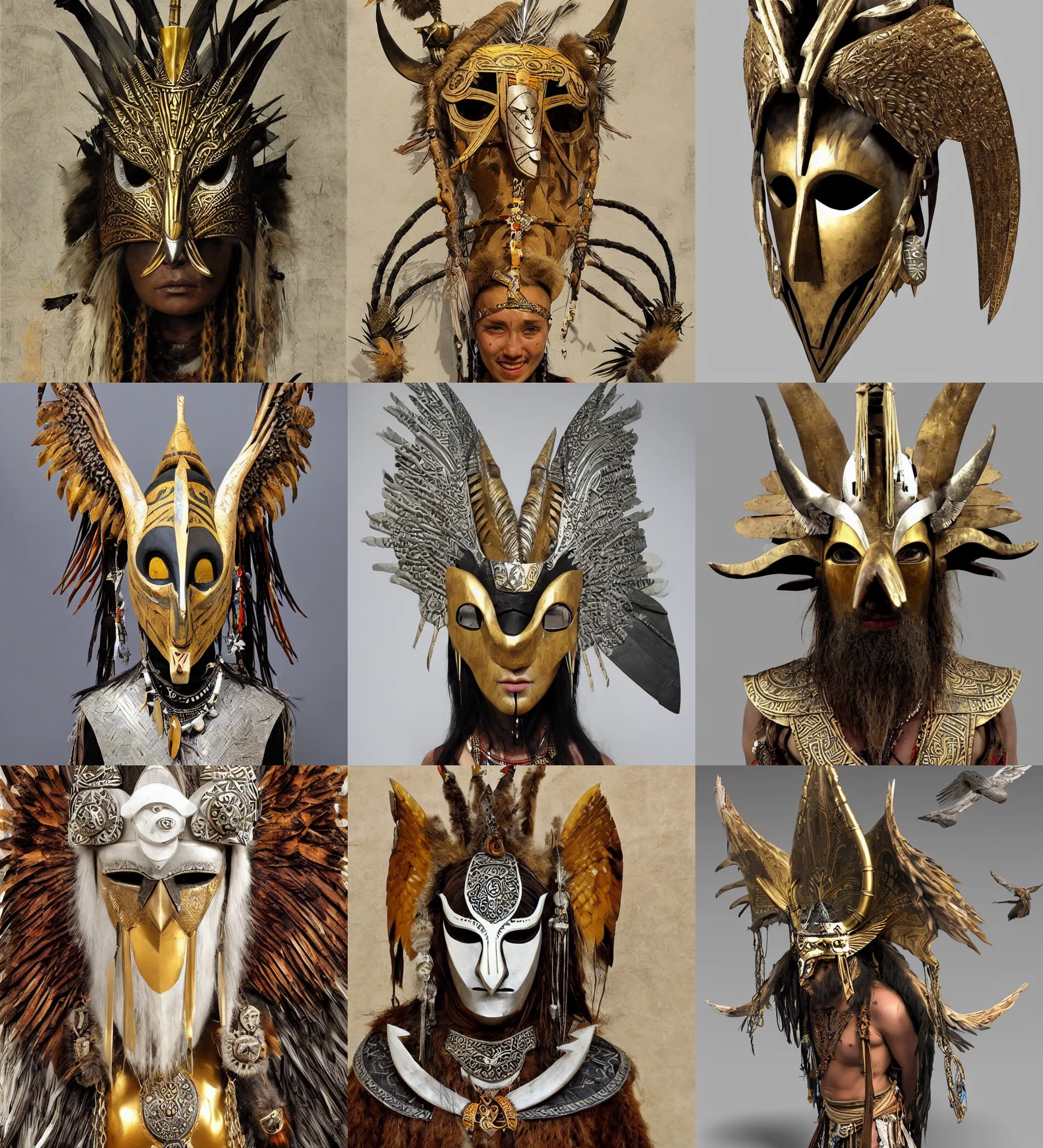 Prompt: viking shaman, african mask, asian female, boho style, wood clay marble ivory crow swan eagle wings head eyes bamboo, golden and silver jewerly, low poly, brutal modern sculpure, painting by frank frazetta and Joaquin Sorolla, digital art