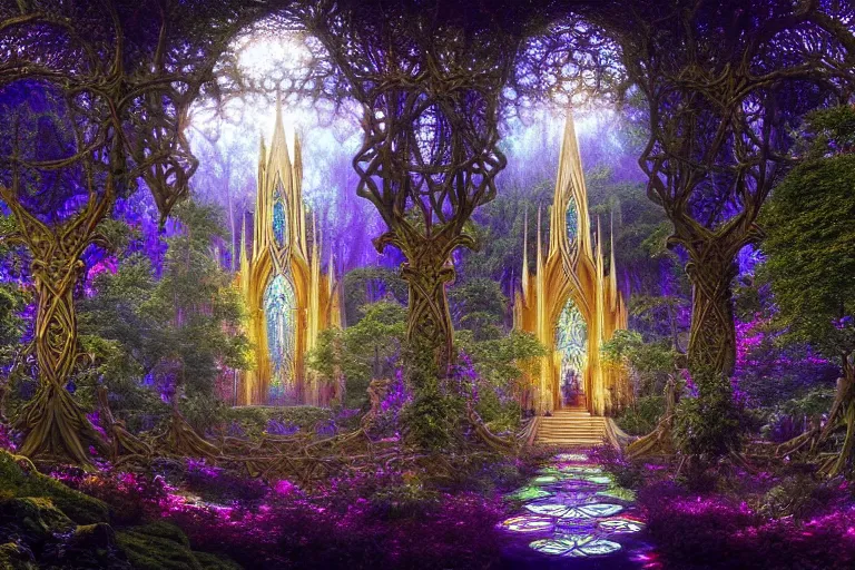 Prompt: a beautiful and highly detailed digital painting of an elven cathedral in a beautiful garden in a mystical forest, celtic, intricate psychedelic details, epic scale, insanely complex, cgsociety, 8 k, sharp focus, hyperrealism, by alex grey, caspar friedrich, albert bierstadt, james gurney, brian froud,