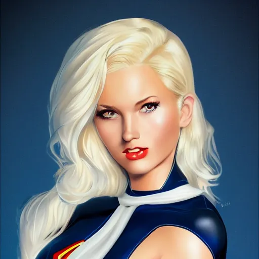Prompt: a beautiful pin - up portrait of a beautiful cute superhero woman, blonde hair, matte navy - blue bodysuit, white cape, intricate, elegant, 8 k, highly detailed, digital painting, concept art, smooth, sharp focus, illustration, anime style
