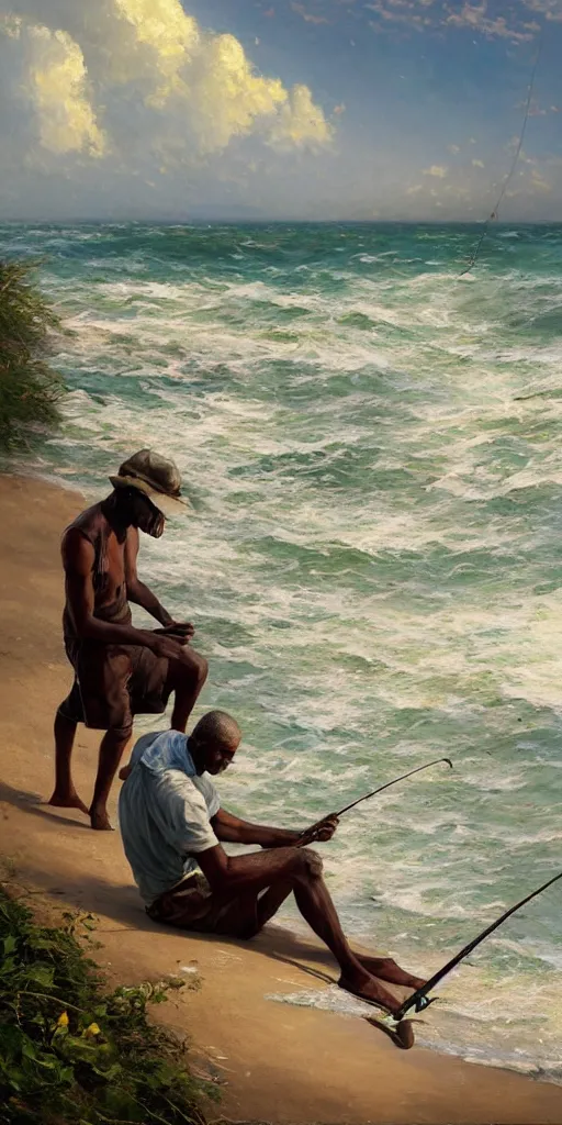 Prompt: A beautiful painting of a singular Jamaican man fishing at edge of the Jamaican sea by Greg Rutkowski and Thomas Kinkade, Trending on Artstation