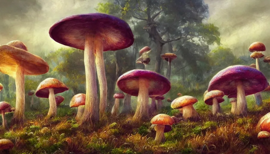 Prompt: a society of many different sentient mushrooms, landscape painting, fantasy, surrealism, plants and nature, warm lighting