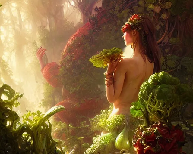 Image similar to drug acid trip forest garden giant vegetables, deep focus, d & d, fantasy, intricate, elegant, highly detailed, digital painting, artstation, concept art, matte, sharp focus, illustration, hearthstone, art by artgerm and greg rutkowski and alphonse mucha