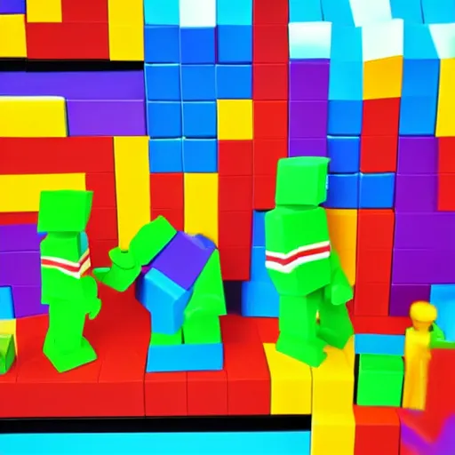 Image similar to block figures looking like roblox figures who are playing with a computer in a block world, having fun in the sun, bright and fun colors