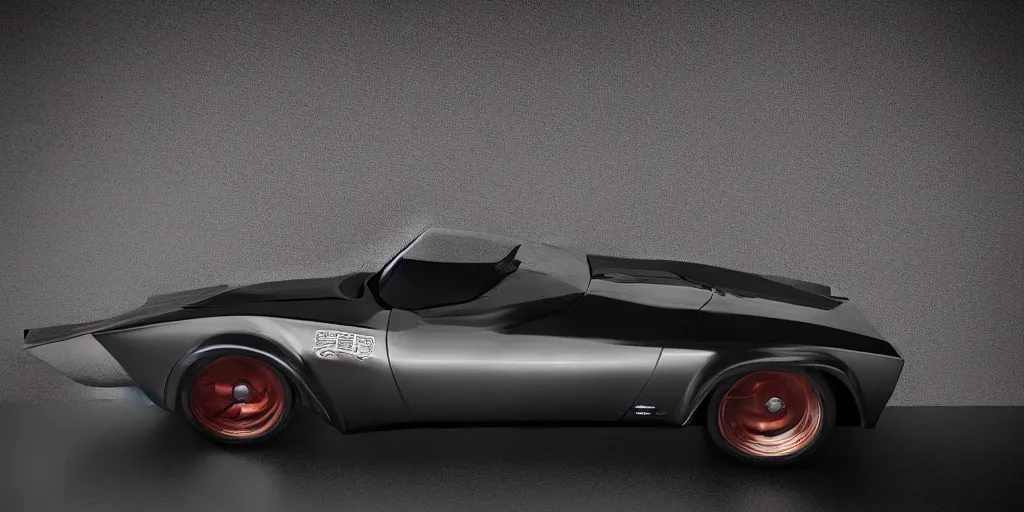 Image similar to a design of a futuristic Corvette C2 1969, designed by Polestar, blade runner background, stained antique copper car paint, black windows, dark show room, dramatic lighting, hyper realistic render, depth of field