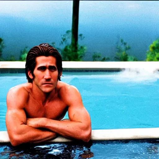 Image similar to movie poster cinestill of Jake Gyllenhaal as patrick Swayze sitting in a hot tub in the movie Road House