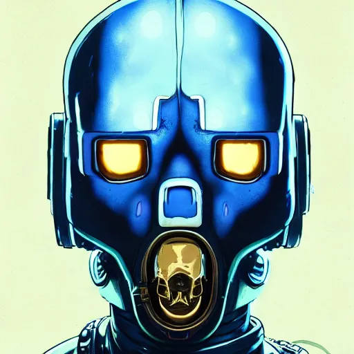 Image similar to cell shaded portrait of a cybernetic blue bald soldier with glowing blue eyes as Borderlands 3 concept art, llustration, post grunge, concept art by josan gonzales and wlop, by james jean, Victo ngai, David Rubín, Mike Mignola, Laurie Greasley, highly detailed, sharp focus,alien,Trending on Artstation, HQ, deviantart, art by artgem