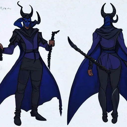 Image similar to D&D character concept art of a cloaked tiefling, tiefling rogue, blue skin color with short horns and a devil tail, fighting pose of a Rogue holding daggers, black cloak hidden in shadows, full body pose, soft colors, fantasy, intricate, elegant, highly detailed, digital painting, artstation, concept art, smooth, perfect face, sharp focus, illustration, wide angle shot, full body visible, art by artgerm and H R Giger and alphonse mucha