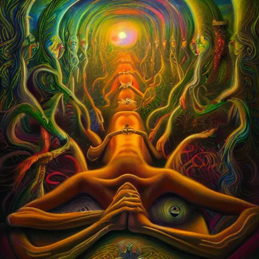 Image similar to ayahuasca visions and healing astral journey in oil painting, trending on artstation, award winning, emotional, highly detailed dark surrealist art